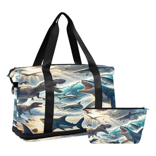 Sporttasche, Reisetasche, Reisetasche, Wochenendtasche, Übernachtungstasche, mit Nassfach, Schuhfach und Kulturbeutel, Dinosaurier und Haie für Damen und Herren, multi von ISAOA