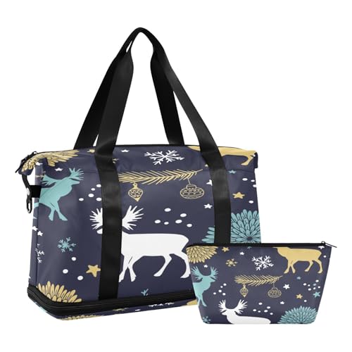 Sporttasche, Reisetasche, Reisetasche, Wochenendtasche, Übernachtungstasche, mit Nassfach, Schuhfach und Kulturbeutel, Hirsch, Schneeflocke, Weihnachten, für Damen und Herren, multi von ISAOA