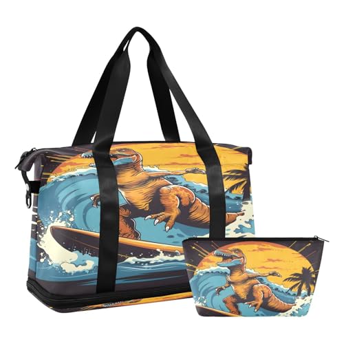 Sporttasche, Reisetasche, Reisetasche, Wochenendtasche, Übernachtungstasche, mit Nassfach, Schuhfach und Kulturbeutel, Surfer, Dinosaurier, für Damen und Herren, multi von ISAOA