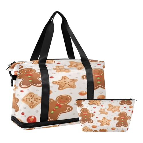 Sporttasche, Reisetasche, Reisetasche, Wochenendtasche, Übernachtungstasche, mit Nassfach, Schuhfach und Kulturbeutel, Weihnachten, Braun, Lebkuchenmann, für Damen und Herren, multi von ISAOA