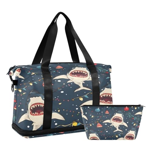 Sporttasche, Reisetasche, Reisetasche, Wochenendtasche, Übernachtungstasche, mit Nassfach, Schuhfach und Kulturbeutel, Weihnachten, Hai, für Damen und Herren, multi von ISAOA