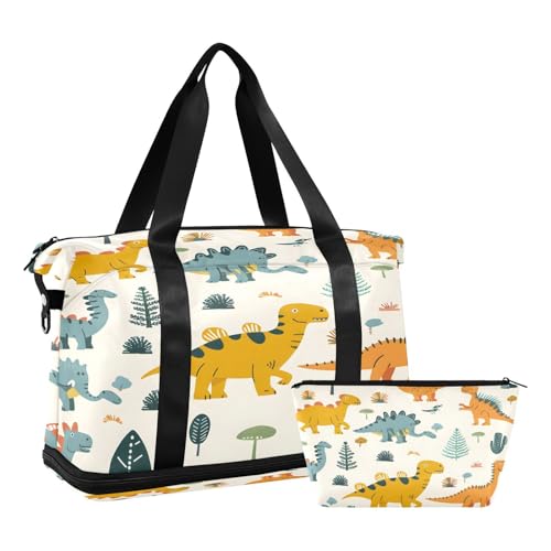 Sporttasche, Reisetasche, Reisetasche, Wochenendtasche, Übernachtungstasche, mit Nassfach, Schuhfach und Kulturbeutel, handgezeichnete Dinosaurier für Damen und Herren, multi von ISAOA