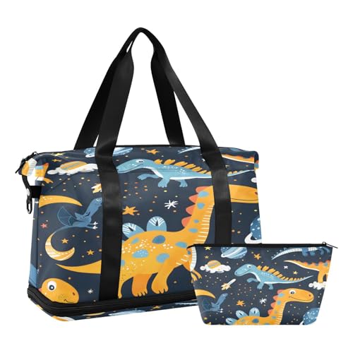 Sporttasche, Reisetasche, Reisetasche, Wochenendtasche, Übernachtungstasche, mit Nassfach, Schuhfach und Kulturbeutel, niedliche Dinosaurier im Weltraum für Damen und Herren, multi von ISAOA