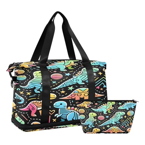 Sporttasche, Reisetasche, Reisetasche, Wochenendtasche, Übernachtungstasche, mit Nassfach, Schuhfach und Kulturbeutel, niedliche bunte Dinosaurier-Linie, für Damen und Herren, multi von ISAOA