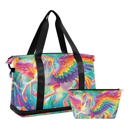 Sporttasche, Reisetasche, Wochenendtasche, Übernachtungstasche, mit Nassfach, Schuhfach und Kulturbeutel, Einhorn in der Mitte, für Damen und Herren, multi Sporttasche, Reisetasche, Wochenendtasche, Übernachtungstasche, mit Nassfach, Schuhfach und Kulturbeutel, Einhorn in der Mitte, für Damen und Herren, multi von ISAOA
