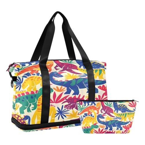 Sporttasche, Reisetasche, Wochenendtasche, Übernachtungstasche, mit Nassfach, Schuhfach und Kulturbeutel, bunter Dinosaurier mit Gras, für Damen und Herren, multi von ISAOA