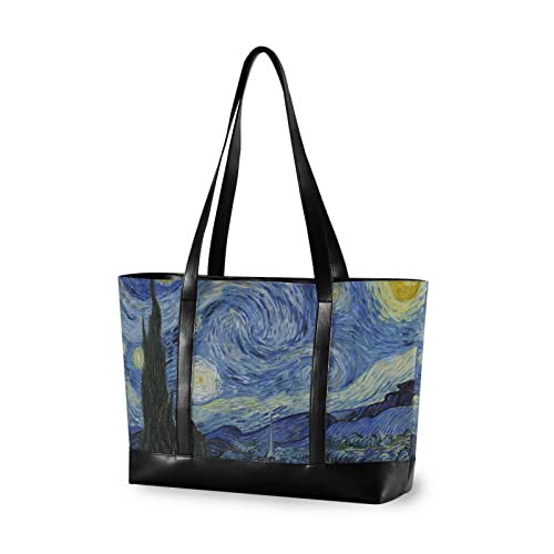 Van Gogh Painting Blue Sternennacht Laptop-Tragetasche, Canvas-Leder-Rei?verschluss, Reisetasche, Einkaufstasche, 39,6 cm Computertasche, Geldb?rsen, Schule, Tragetasche, Arbeitstaschen, von ISAOA