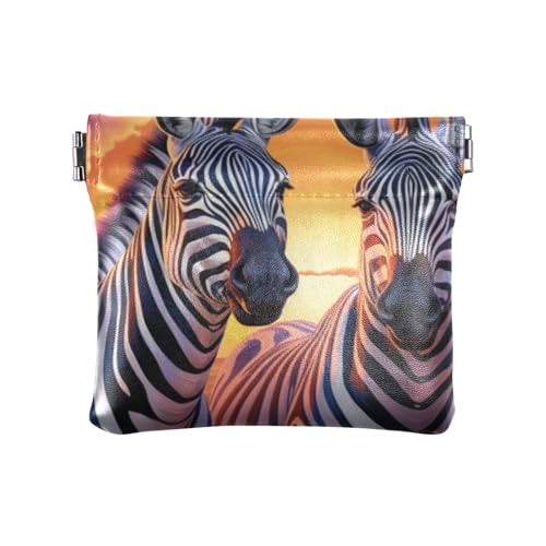 Zwei Zebras Sonnenuntergang Landschaft Quetsch-Münzgeldbörse, Kleingeldhalter, PU-Leder, Mini-Geldbörse, Münzfach für Damen, Mädchen, Männer von ISAOA