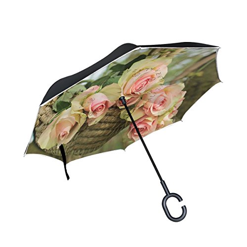 isaoa Gro?e Schirm Regenschirm Winddicht Doppelschichtige seitenverkehrt Faltbarer Regenschirm,C-f?rmigem Henkel Regenschirm Sieben Rosa Rosen auf Korb Regenschirm f¨¹r Frauen von ISAOA