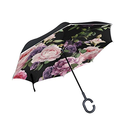 isaoa Gro?e Schirm Regenschirm Winddicht Doppelschichtige seitenverkehrt Faltbarer Regenschirm f¨¹r Auto Regen Au?eneinsatz,C-f?rmigem Henkel hinh?ngen Realistische Rose Paiting Regenschirm von ISAOA