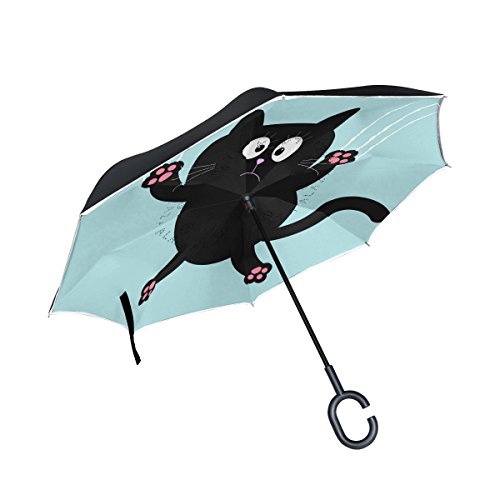 isaoa Gro?e Schirm Regenschirm Winddicht Doppelschichtige seitenverkehrt Faltbarer Regenschirm f¨¹r Auto Regen Au?eneinsatz,C-f?rmigem Henkel Regenschirm Cartoon Schwarze Katze Regenschirm von ISAOA