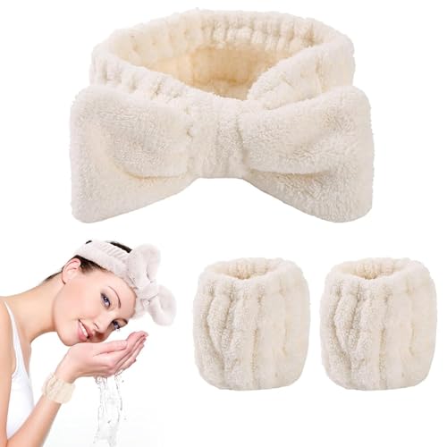 ISEAU 3-teiliges Damen-Spa-Stirnband und Armband-Set, elastisches Mikrofaser-Gesichtswaschhaarband, Handgelenk-Waschbänder für Hautpflege, Stirnbänder, Gesichtswäsche, Make-up, Yoga, Fitness von ISEAU