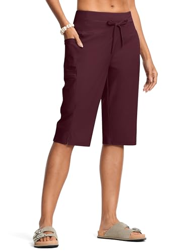 ISEEGZ Damen-Caprihose, 38,1 cm, hohe Taille, Bauchkontrolle, schnelltrocknend, LSF 50+, lange Boardshorts mit Futter und Taschen, Burgund, XX-Large von ISEEGZ