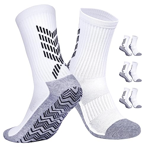 ISEYOU Grip Socken Fussball, 3 Paare Rutschfeste Fußballsocken Sportsocken 38-46 Herren, Atmungsaktiv, Schweißfest, Gepolstert Crew Kompressionsstretch Athleticsocke für Yoga Laufen von ISEYOU