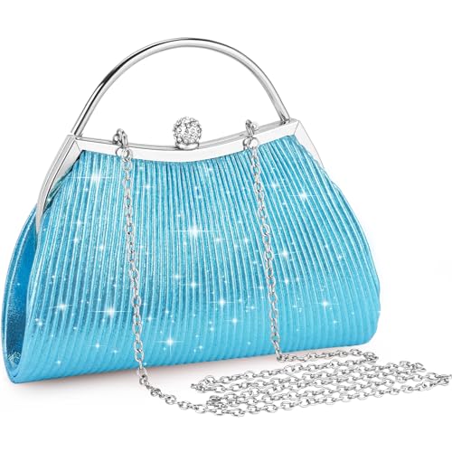 ISEYOU Clutch, Abendtasche Damen mit Strassverschluss und Abnehmbarer Kette, Glitzer Tasche Kettentasche Handtasche Damen Klein Elegant für Hochzeit Party Freizeit Date (Blau) von ISEYOU