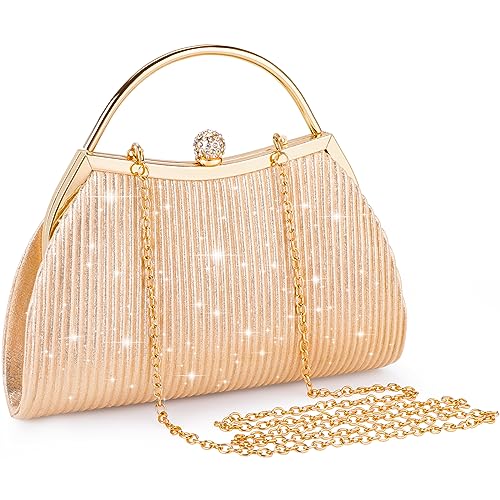 ISEYOU Clutch, Abendtasche Damen mit Strassverschluss und Abnehmbarer Kette, Glitzer Tasche Kettentasche Handtasche Damen Klein Elegant für Hochzeit Party Freizeit Date (Champagner) von ISEYOU