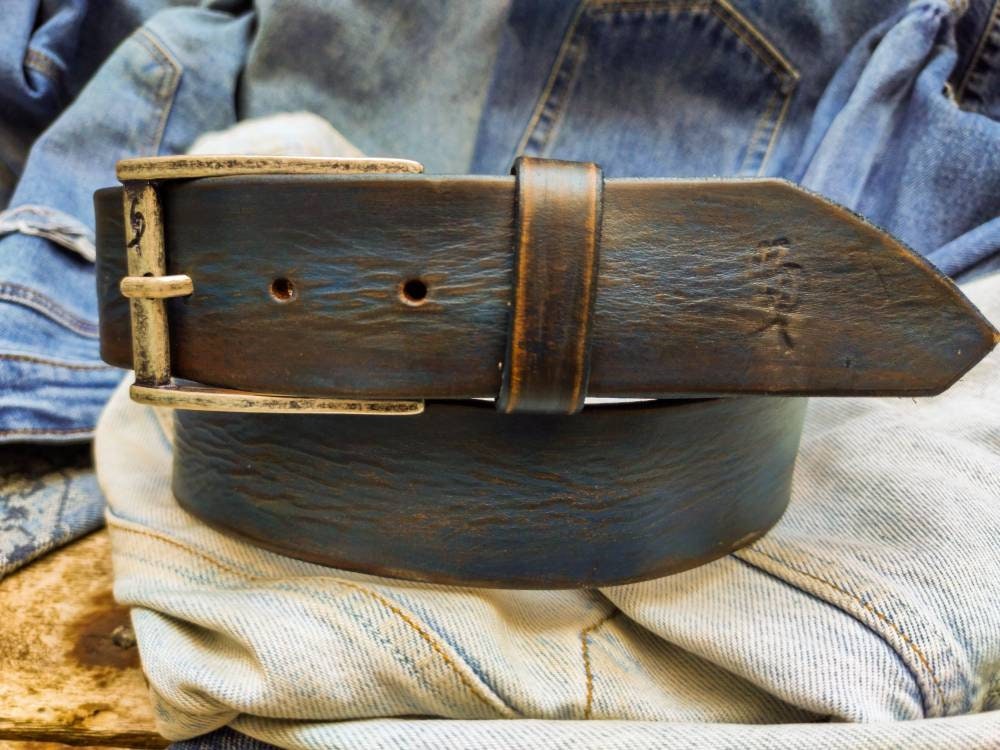 Blau Brauner Handgefertigter Ledergürtel - Rustikale Einzigartige 42 cm Breite Perfekt Zur Jeans von ISHAOR