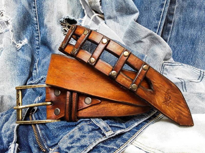 Schnallengürtel - Modeleder Braun Western Cowcow Style Unisex Herren Design von ISHAOR
