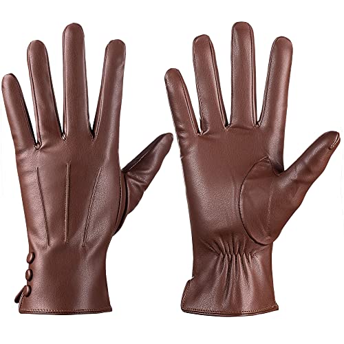 ISHISBEB Lederhandschuhe für Damen Winter Warme Handschuhe Touchscreen Warme Wolle Gefüttert SMS Fahrhandschuhe, Braun, Large von ISHISBEB