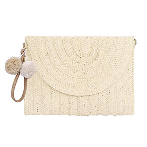 ISIYINER Damen Clutches Abendtasche Umhängetasche, Frauen Stroh Handtasche Kupplung Geldbörse Umschlag Tasche Flache Korbtasche Sommer Strandtasche mit abnehmbarer Schulterriemen, Boho-Stil von ISIYINER