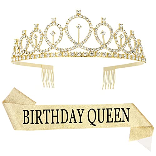 Geburtstags Krone und Schärpe, Kristall Geburtstag Tiara Strass Kronen mit Geburtstags Schärpe für Mädchen Geburtstagsfeier Haar-Zusätze (Roségold) von ISIYINER