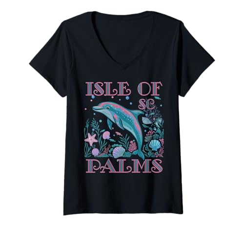 Damen Island of Palms SC Dolphin Colorful Beach Souvenir T-Shirt mit V-Ausschnitt Damen Island of Palms SC Dolphin Colorful Beach Souvenir T-Shirt mit V-Ausschnitt von ISLE OF PALMS SC DOLPHIN BEACH VACATION