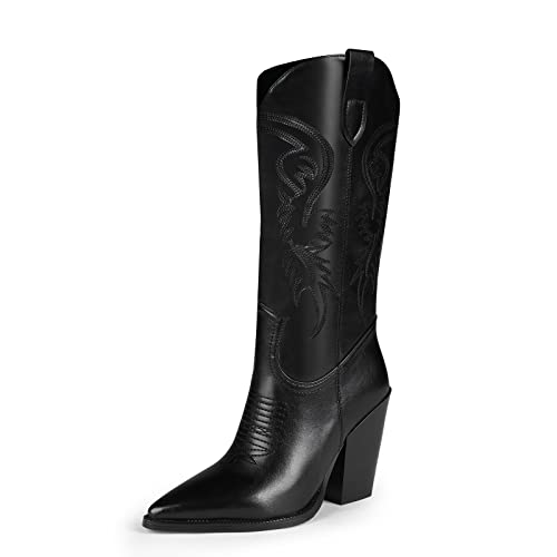 ISNOM Cowgirl-Stiefel für Damen, bestickt, spitzer Zehenbereich, klobiger Absatz, Westernstiefel mit mittlerer Wade, schwarz, 38.5 EU von ISNOM