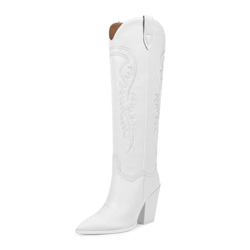 ISNOM Damen Westernstiefel Kniehohe Stiefel Cowboy Cowgirl Bestickte Chunky Blockabsatz Spitze Zehen Slip on Stiefel, Weiß, 39 EU von ISNOM