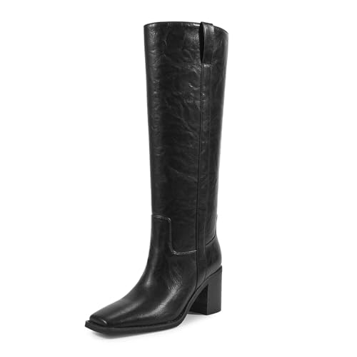 ISNOM Kniehohe Stiefel für Damen, dicke Stiefel mit quadratischer Zehenpartie, mittelhoher Absatz, hohe Stiefel für Arbeit, Date, Kleid, Party, Club, Schwarz, 40.5 EU von ISNOM