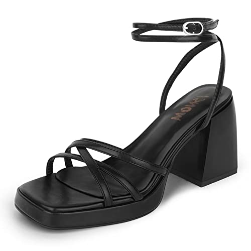 ISNOM Schwarze Plateau-Absätze für Frauen Absatzsandalen mit Schnürung, Riemen, Knöchelriemen, quadratischer offener Zehenbereich für Hochzeit, Arbeit, Partykleid, mattschwarz, 37 EU von ISNOM