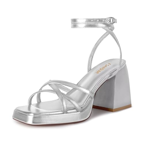 ISNOM Schwarze Plateau-Sandalen für Damen, Absatz, Schnürung, Riemen, Knöchelriemen, quadratisch, offene Zehenpartie, für Hochzeit, Arbeit, Party, Kleid, Metallsilber, 37 EU von ISNOM