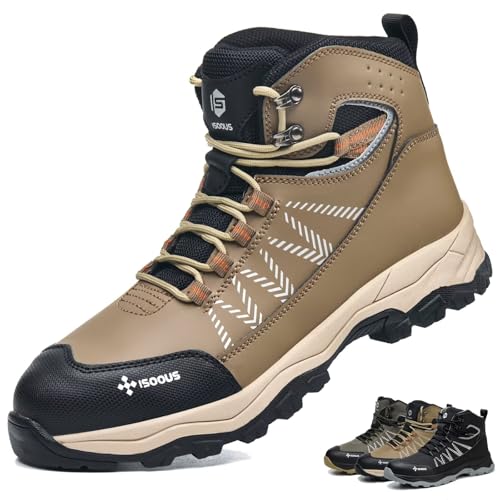 ISOOUS Arbeitsschuhe Herren Hoch Sicherheitsstiefel Damen Sicherheitsschuhe Leicht mit Stahlkappe Stahlkappenschuhe Rutschfest Khaki 41 EU von ISOOUS
