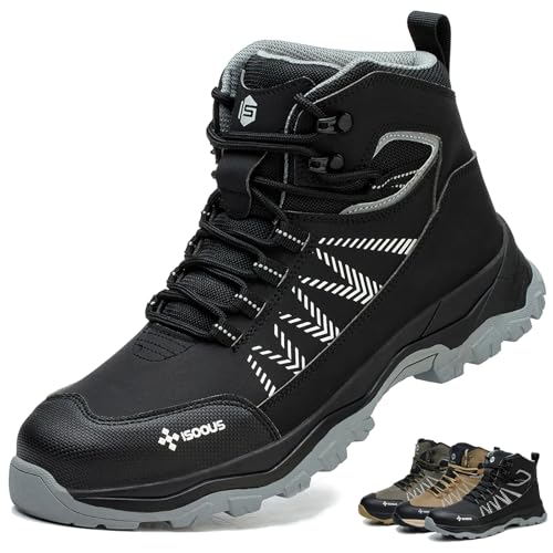 ISOOUS Arbeitsschuhe Herren Hoch Sicherheitsstiefel Damen Sicherheitsschuhe Leicht mit Stahlkappe Stahlkappenschuhe rutschfest Schwarz 39 EU von ISOOUS