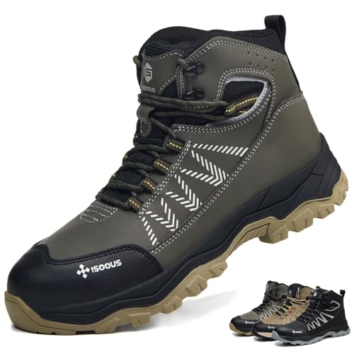 ISOOUS Arbeitsschuhe Herren Hoch Sicherheitsstiefel Damen Sicherheitsschuhe Leicht mit Stahlkappe Stahlkappenschuhe Rutschfest Armee Grün 38 EU von ISOOUS
