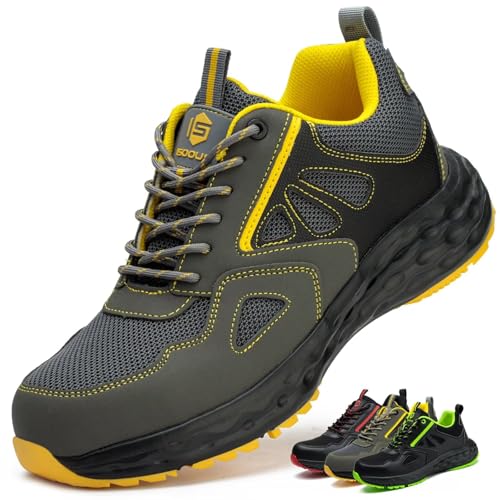 ISOOUS Arbeitsschuhe Herren Sicherheitsschuhe Damen Leicht Kunststoffkappe Atmungsaktiv rutschfest Sneaker Küche Sportlich Grau Gelb EU 36 von ISOOUS