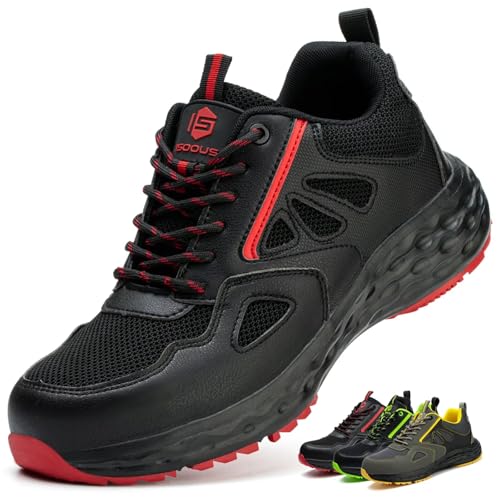 ISOOUS Arbeitsschuhe Herren Sicherheitsschuhe Damen Leicht Kunststoffkappe Atmungsaktiv rutschfest Sneaker Küche Sportlich Schwarz Rot EU 46 von ISOOUS