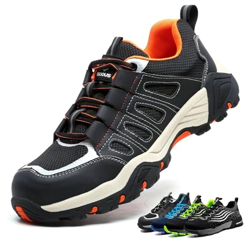 ISOOUS Arbeitsschuhe Herren Sicherheitsschuhe Damen Leicht Sportlich mit Stahlkappe Schwarz Orange 42 von ISOOUS
