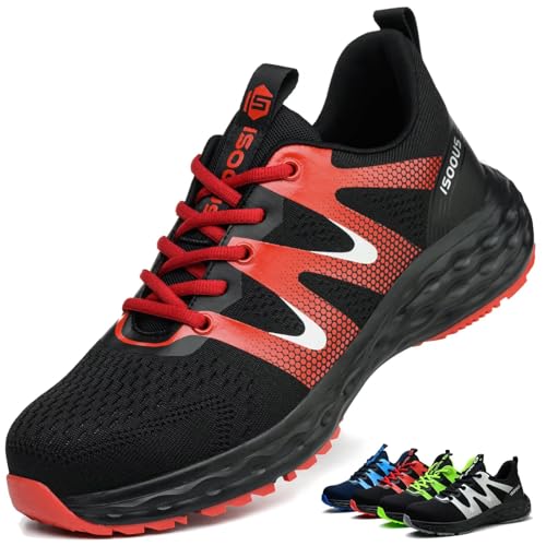 ISOOUS Arbeitsschuhe Herren Sicherheitsschuhe Damen Leicht Stahlkappenschuhe rutschfest mit Stahlkappe Atmungsaktiv Sportlich Rot 40 EU von ISOOUS