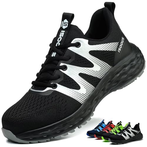 ISOOUS Arbeitsschuhe Herren Sicherheitsschuhe Damen Leicht Stahlkappenschuhe rutschfest mit Stahlkappe Atmungsaktiv Sportlich Schwarz 38 EU von ISOOUS