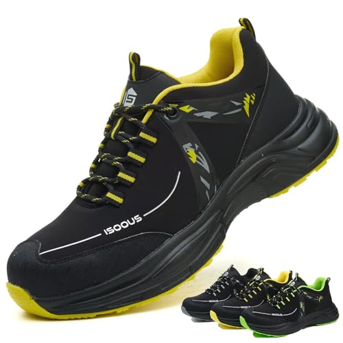 ISOOUS Arbeitsschuhe Herren Sicherheitsschuhe Damen Leichte Atmungsaktiv Stahlkappenschuhe rutschfeste mit Stahlkappe Gelb 43 von ISOOUS
