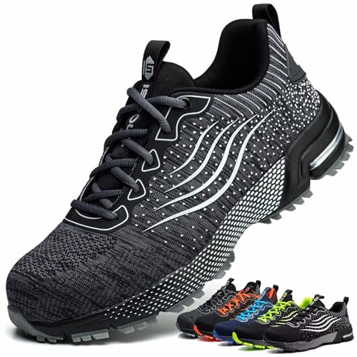 ISOOUS Sicherheitsschuhe Herren Damen Arbeitsschuhe Leicht Atmungsaktiv rutschfest Stahlkappe Schutzschuhe Grau 42 von ISOOUS