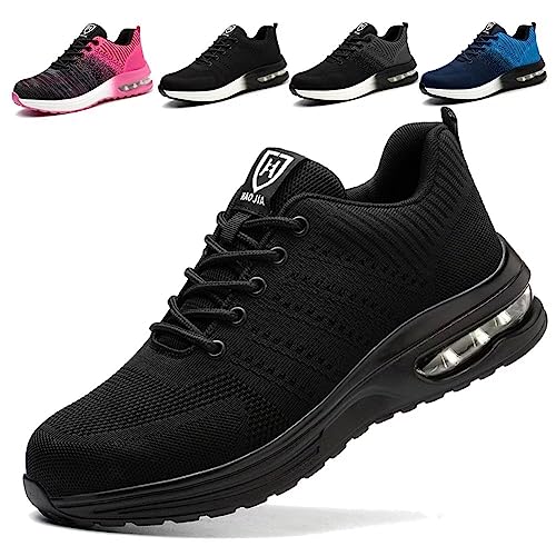 ISOOUS Sicherheitsschuhe Herren Damen Arbeitsschuh Luftkissen Schutzschuhe mit Stahlkappe Sportlich Schuhe Atmungsaktiv Schwarz 37 von ISOOUS