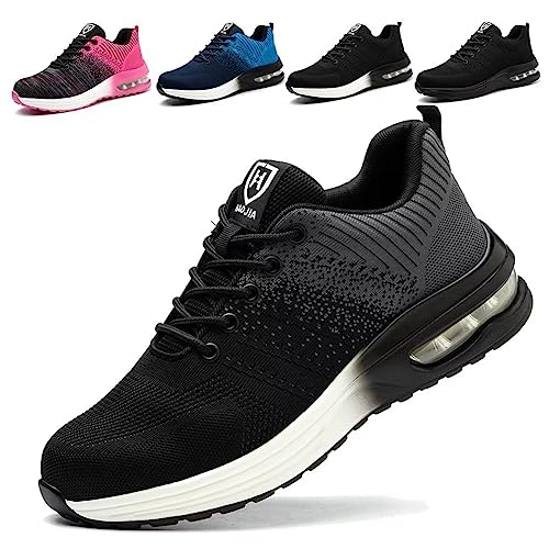 ISOOUS Sicherheitsschuhe Herren Damen Arbeitsschuh Luftkissen Schutzschuhe mit Stahlkappe Sportlich Schuhe Atmungsaktiv Schwarz Grau 37 von ISOOUS