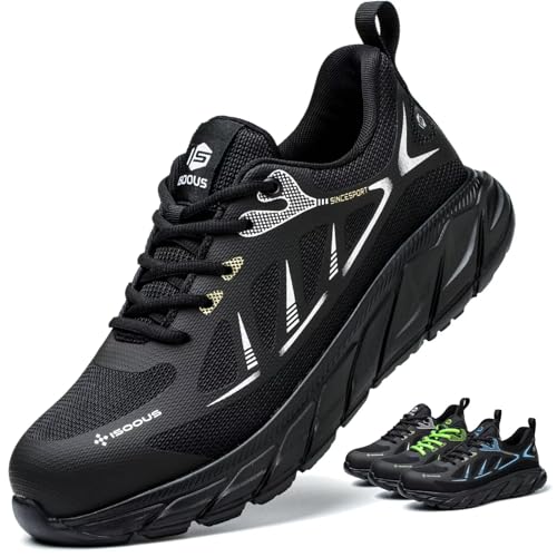 ISOOUS Sicherheitsschuhe Herren Leicht Arbeitsschuhe Damen mit Stahlkappe Sportlich rutschfest Atmungsaktiv Schutzschuhe Schwarz 45 von ISOOUS