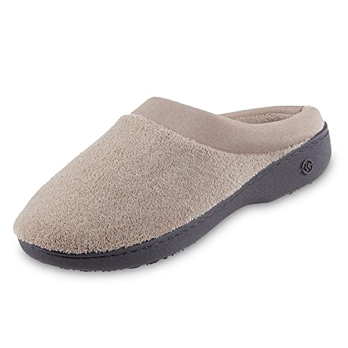 ISOTONER Damen Pantoffeln aus Frottee und Satin, gepolstert, mit Memory-Schaum, für drinnen und draußen, bequem, flache Sandalen, stone, 35/36 EU von Isotoner