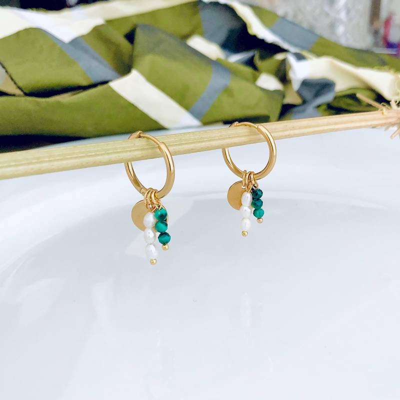 Perlen Ohrringe, Creolen Ohrringe Gold, Creolen Ohrringe Boho, Malachit Hängend, Geschenk Für Mama von ISQUS