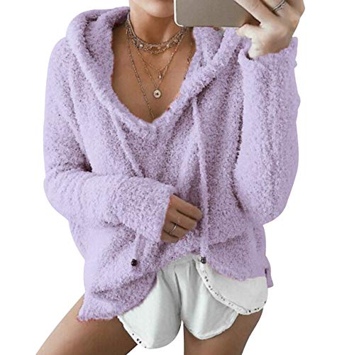 Kapuzenpullover Damen Teddy Fleece Pullover V Ausschnitt Hoodie Pulli Sweatshirt Fleecepullover Oversized Hoodies für Damen Pullis Langarm Warme Frauen Fleecemantel Sweater Damenpulli Warm Violett L von ISSHE