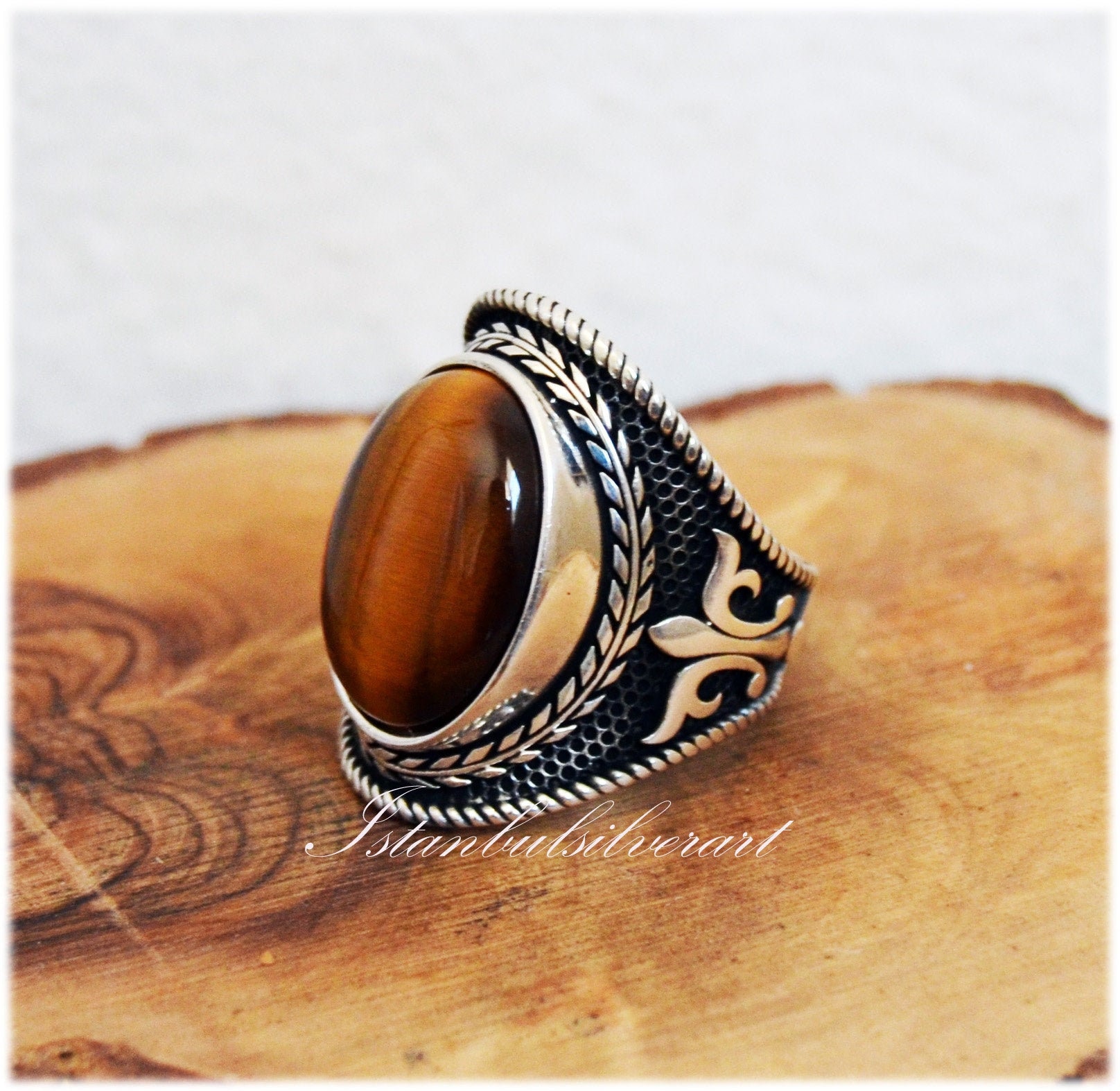 Handgefertigter 925 Sterling Silber Herrenring Ottomaner Tigeraugen-Stein von ISTANBULSILVERART