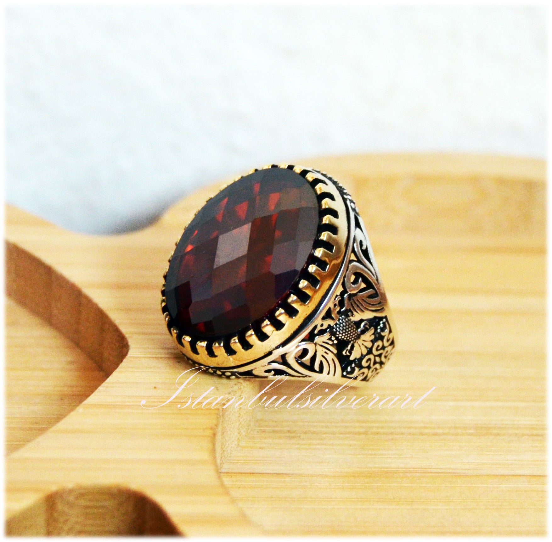 Handgefertigter 925Er Sterling Silber Herrenring Ottomaner Rubinring von ISTANBULSILVERART