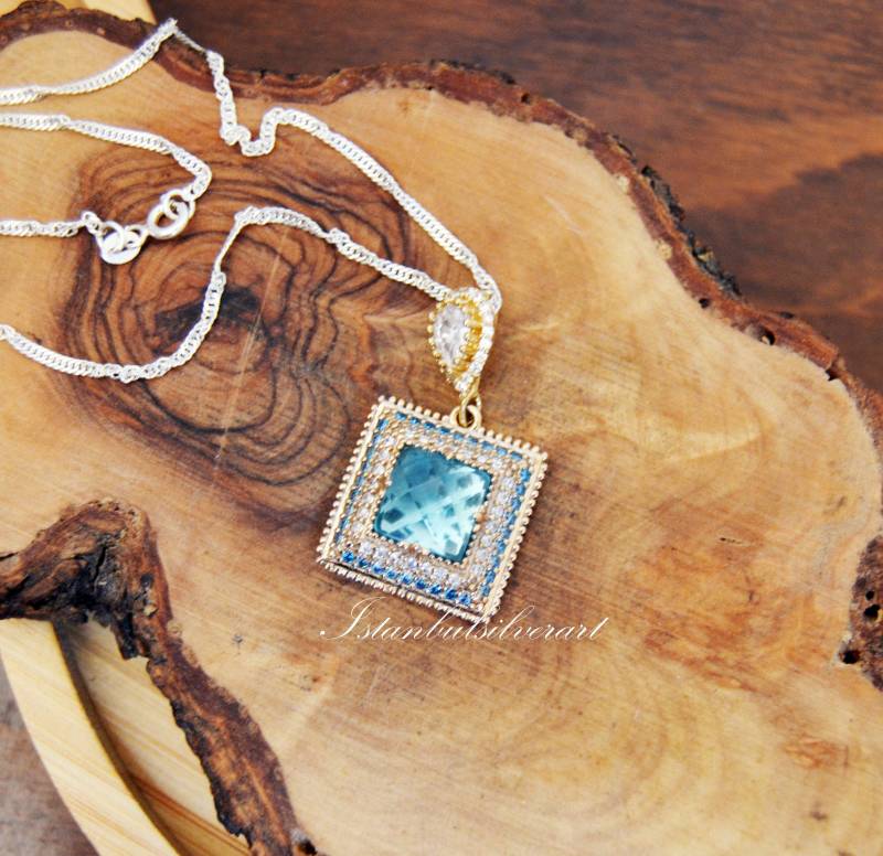 Handgefertigter Aquamarin-Topas-Anhänger Ottomane 925Er Sterlingsilber-Halskette von ISTANBULSILVERART